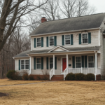 Distressed property in Virginia - two-story colonial home with visible exterior damage and neglected landscaping needing repairs and renovation