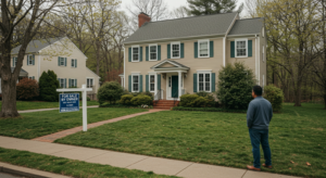 We Buy Houses Virginia representative evaluating a colonial-style home in a quiet suburban neighborhood, demonstrating our professional property assessment process for homeowners looking to sell quickly