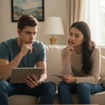 Young couple reviewing home selling options in their living room. The man examines information on a tablet while the woman looks at printed documents, both with concerned expressions as they consider traditional versus cash sale alternatives for their Virginia home.