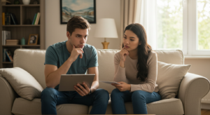 Young couple reviewing home selling options in their living room. The man examines information on a tablet while the woman looks at printed documents, both with concerned expressions as they consider traditional versus cash sale alternatives for their Virginia home.