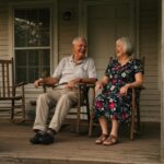 couple considering selling hime through life transition in their golden years sitting on porch