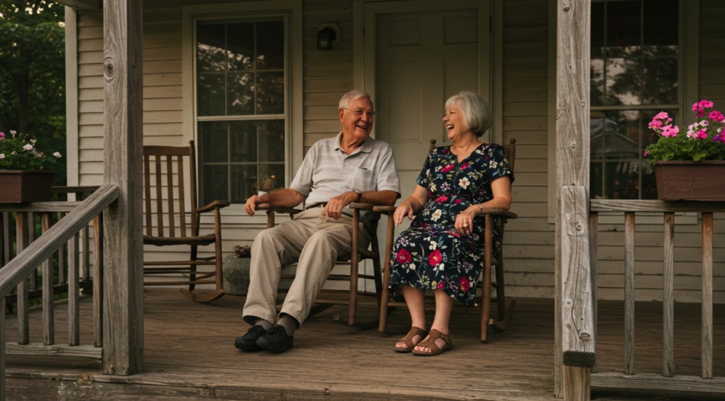 couple considering selling hime through life transition in their golden years sitting on porch