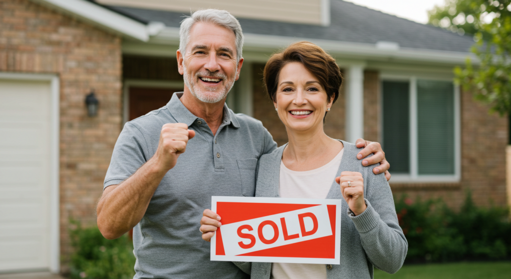 Happy Virginia homeowners holding sold sign after selling house fast for cash