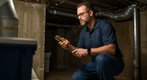 Property inspector evaluating home condition for cash