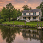 Virginia waterfront home with reflection in calm water at sunset