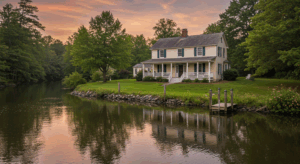 Virginia waterfront home with reflection in calm water at sunset
