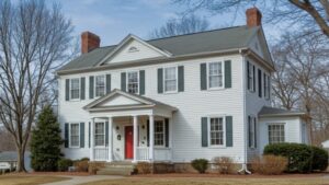 Two-story white colonial house with red door and black shutters in Virginia