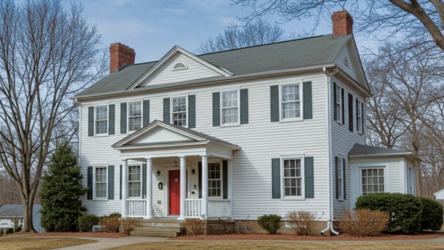 Two-story white colonial house with red door and black shutters in Virginia