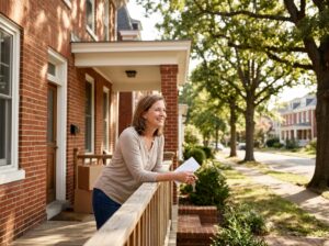 Virginia homeowner standing on front porch considering selling her house fast for cash
