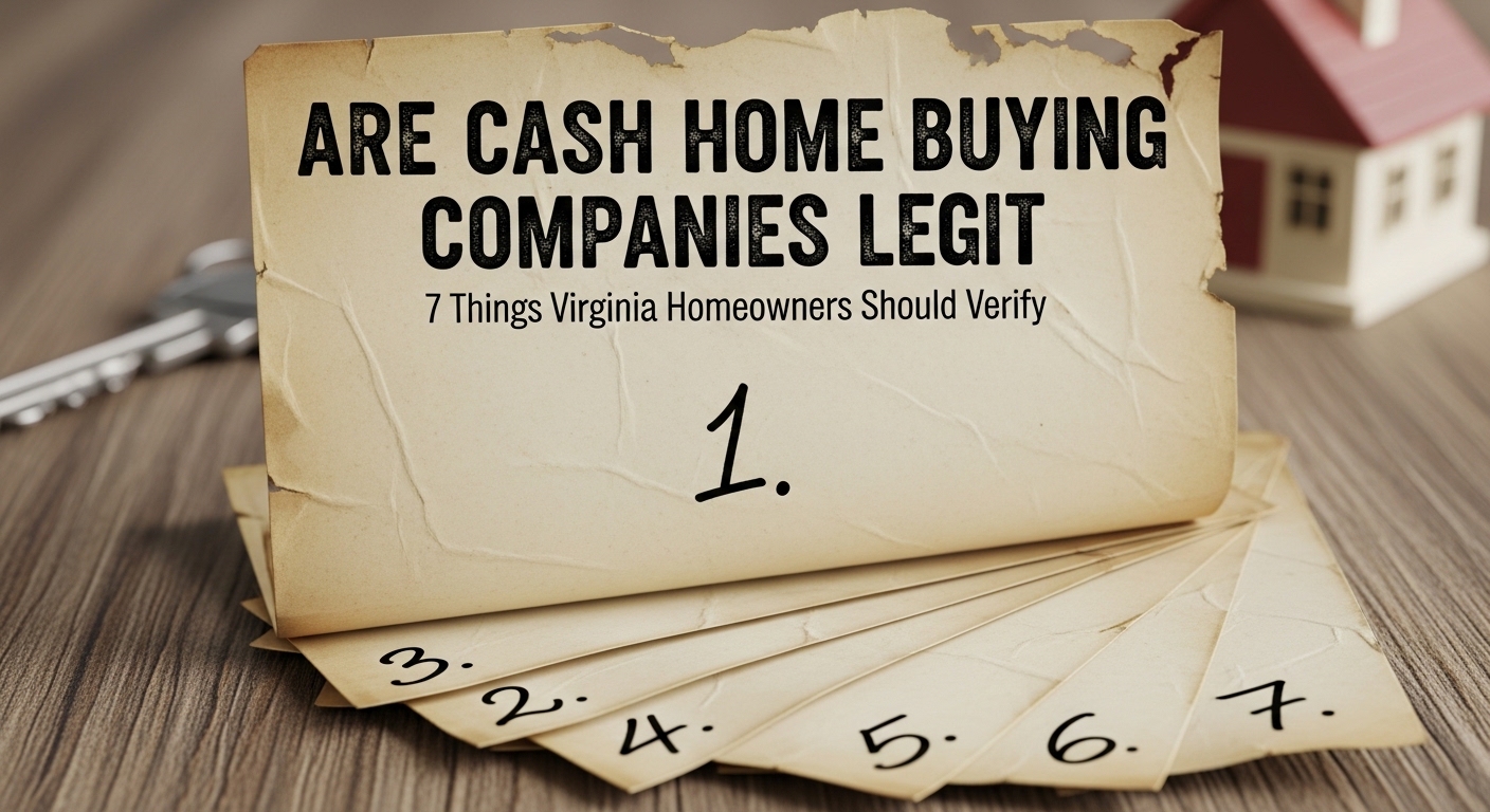 Are Cash Home Buying Companies Legit? 7 things Virginia homeowners should verify before selling, including business registration, online reviews, offer transparency, title company use, proof of funds, no hidden fees, and professionalism. We Buy Houses Virginia