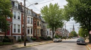 Rows of historic brick row houses and Victorian homes in Richmond VA, characteristic of The Fan and surrounding neighborhoods.