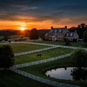 A scenic sunset over a luxury horse farm in Fauquier County, Virginia, featuring a large stone manor, white fences, and a grazing horse in a lush green pasture.